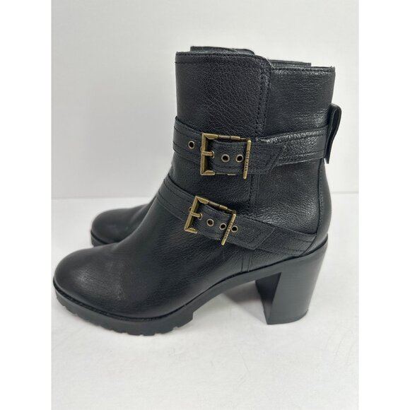 Cole Haan Foster Size 9.5 Leather Double Buckle Block Heel Booties Zip - Picture 3 of 9